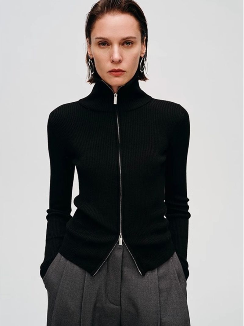 American Style High-End Black Double Zipper Knitted Cardigan For Women, Autumn And Winter Slim Fit Turtleneck Sweater_voghion.com
