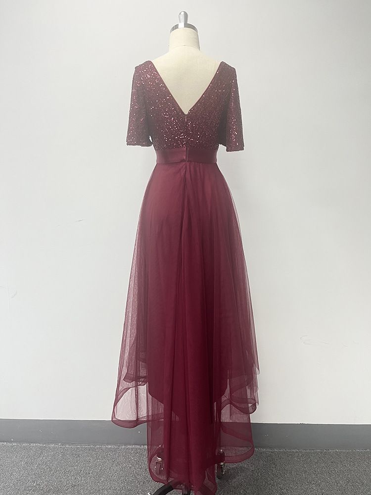 Robe de soirée élégante à volants et manches courtes pour femme avec taille élastique et jupe longue irrégulière en tulle moelleux_voghion.com