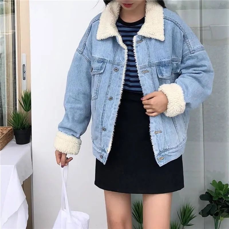 Jeansjacke, verdickter Plus-Samt-Lammwolle-Baumwollmantel, Damen-Wintermantel, lockerer BF-Kurzmantel, verdickter Denim-Baumwollmantel_voghion.com