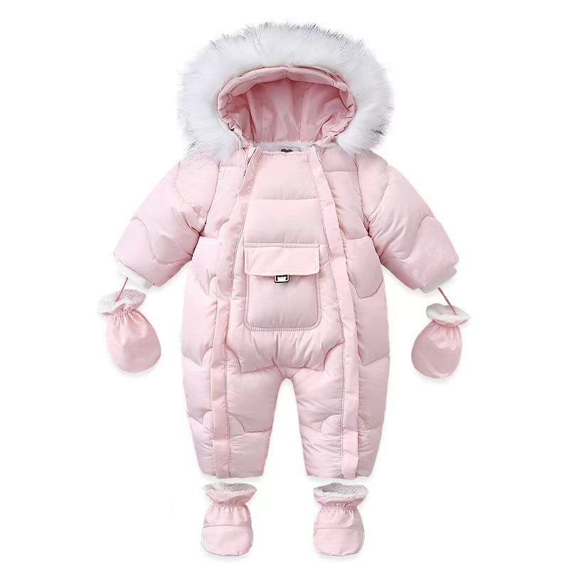 European-Style Baby Jumpsuit With Large Pockets – Fleece-Lined Winter Romper For Newborns & Infants (0-24M), Soft Polyester Hooded Onesie_voghion.com