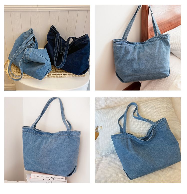 Denim Bag Women's Shoulder Bag Large Capacity Solid Color Washed Denim Bag Student Commuter Shoulder Bag Female Art Casual Handbag_voghion.com