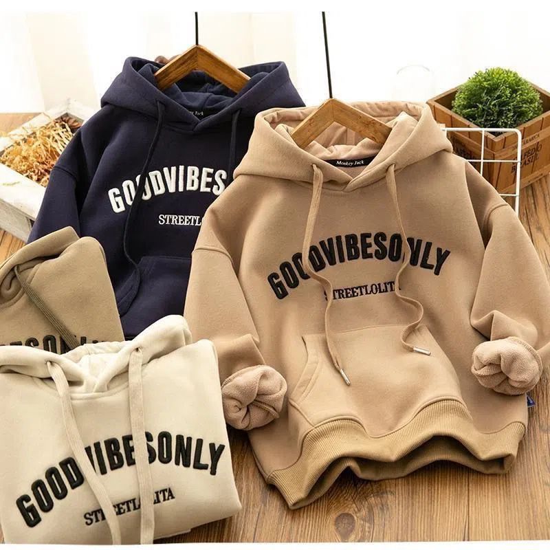 Felpa con cappuccio spessa foderata in pile, vestibilità ampia, versatile, per studenti, autunno e inverno, per uomini e donne_voghion.com
