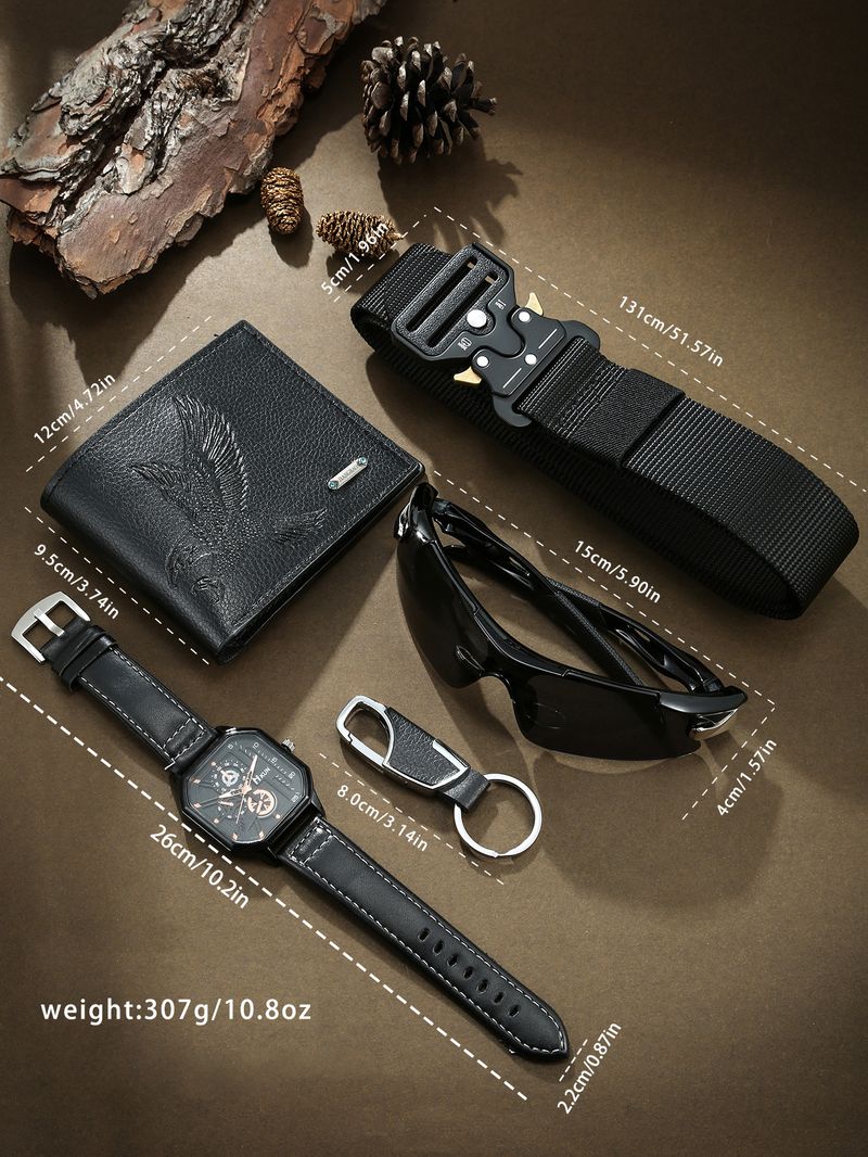 Accessoires unisexes mode double couche boîtier carré ceinture décontracté hommes sport ensemble de 5 pièces montre à quartz_voghion.com