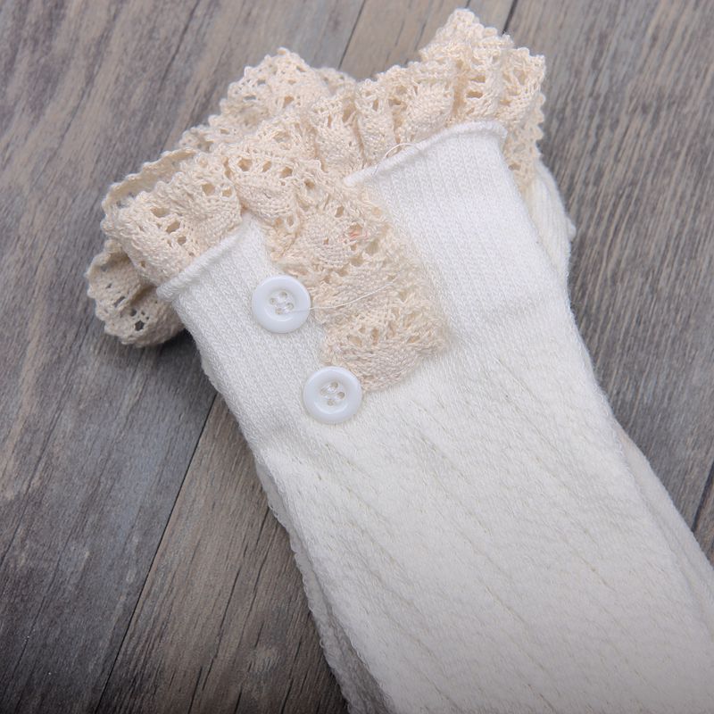 Autumn Winter Lace Trim Button Long Tube Women Over-the-Knee Cotton Slouch Hollow Knitted Socks_voghion.com