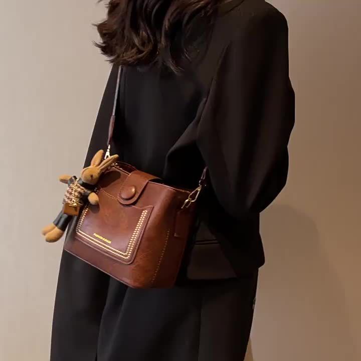 Vintage Minimalist Bucket Solid Color Shoulder Bag, Women's Mini Crossbody Bag & Purse_voghion.com