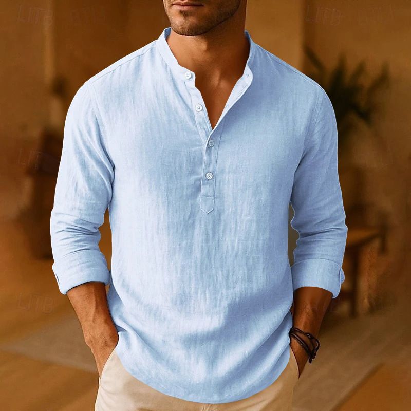 Maglia Henley da uomo in misto lino - Vestibilità comoda, traspirante, a maniche lunghe, casual, da indossare tutti i giorni (bianco, azzurro, grigio, rosa, nero, cachi)_voghion.com