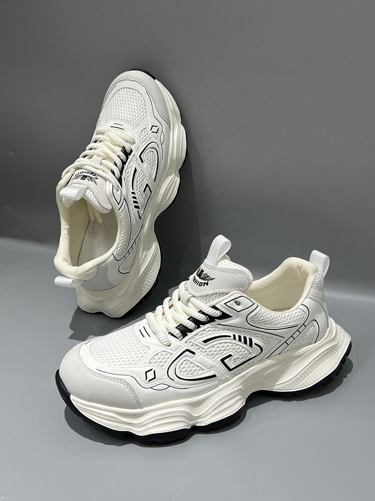 Chaussures de sport en maille pour hommes, nouvelles chaussures tendance d'automne blanches à semelles épaisses, légères et respirantes, décontractées et rehaussantes_voghion.com
