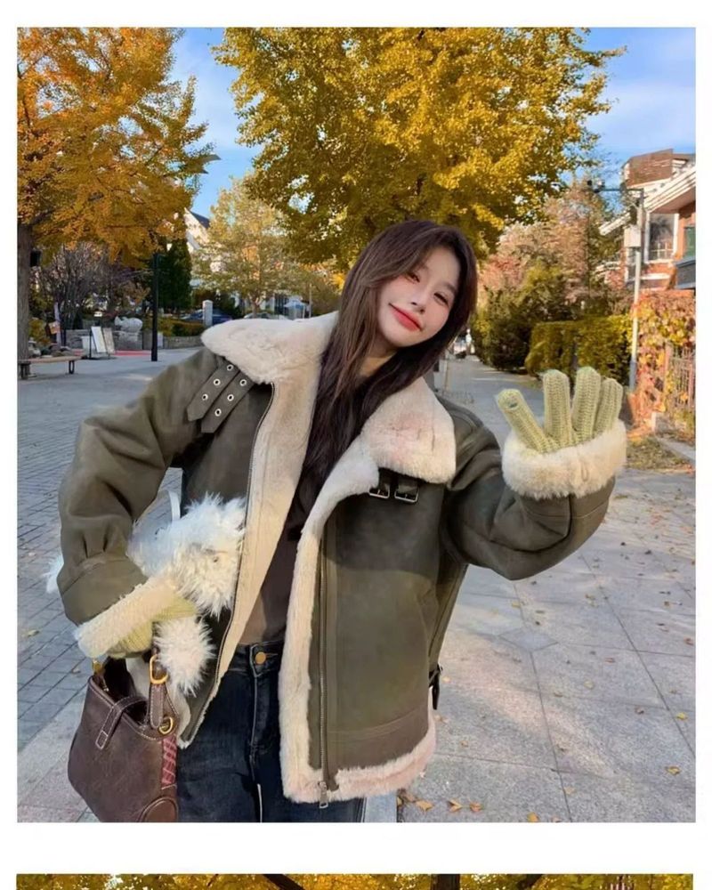 Green Suee Motorcycle Lamb Wool Coat For Women, Autumn Winter 2024, High-En Thickene Stan Collar Sheepskin_voghion.com