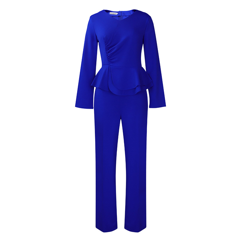 D458 Autumn Winter New Fashionable OL Ruffled V-Neck Top And Pants Two-Piece Set_voghion.com