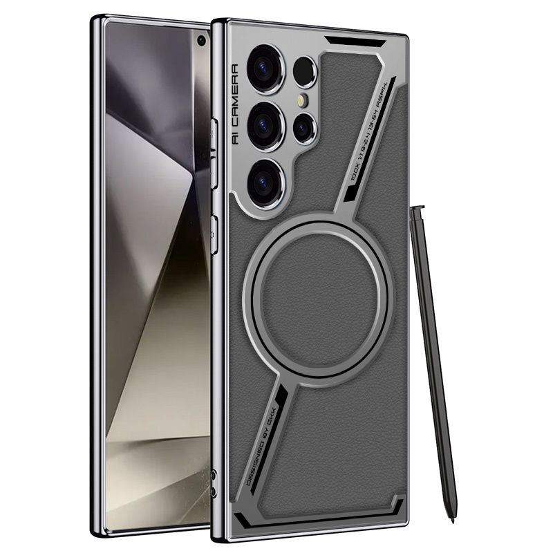 Kožené magnetické pouzdro ve tvaru Z s galvanicky pokoveným povrchem pro Samsung Galaxy S24Ultra/S23Ultra s bezdrátovým nabíjením, nárazuvzdorné ochranné pouzdro_voghion.com