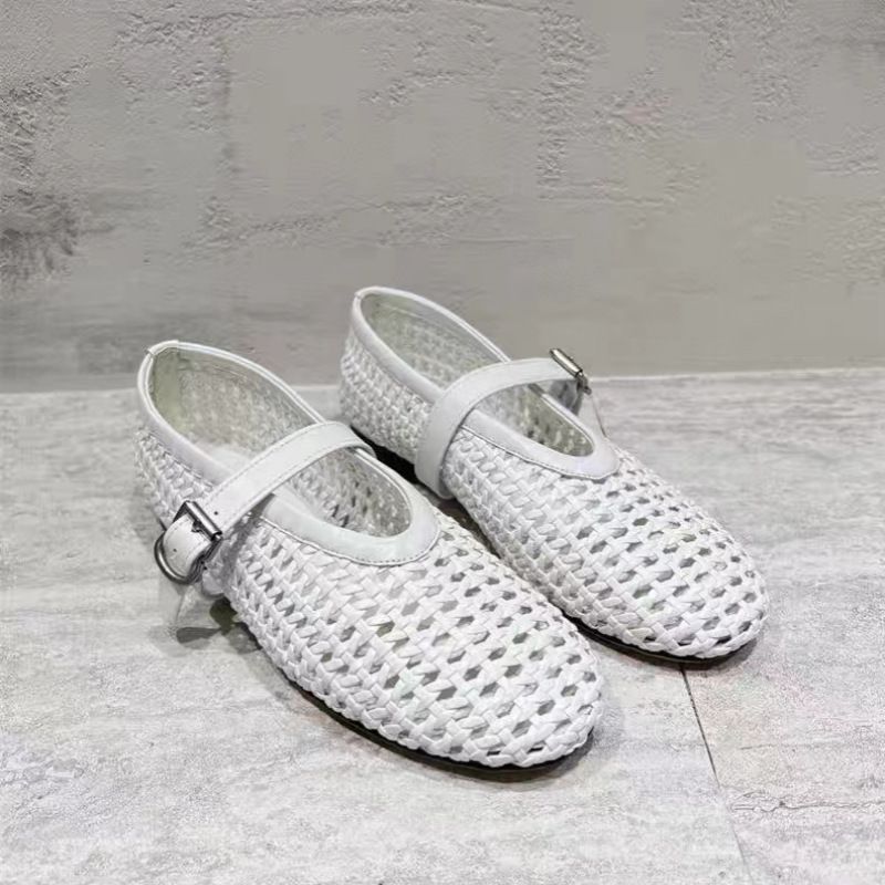 Hollow Mesh Breathable Woven Straight Strap Sandals For Women, High-end Round Toe Ballet Flat Mary Jane Shoes_voghion.com