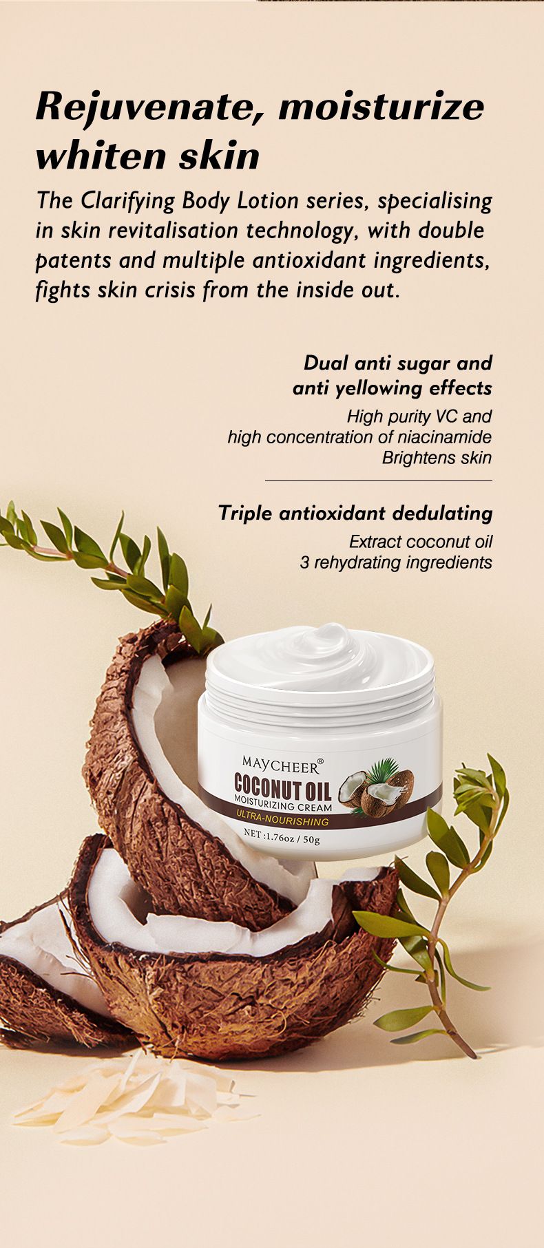 MAYCHEER Kokosöl-Körpercreme, feuchtigkeitsspendend und feuchtigkeitsspendend, um Hühnerhaut dauerhaft zu lindern_voghion.com