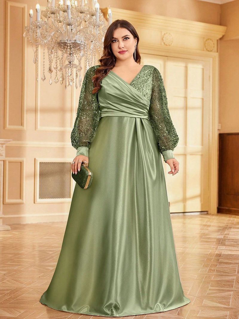 Elegant Plus Size Satin V-Neck Long Sleeve Evening Dress With Sequins, Formal Gown For Women, Available In Green & Navy Blue_voghion.com