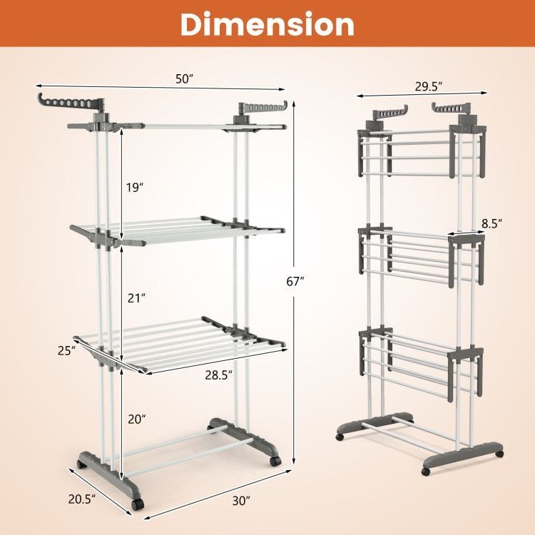 1 Pc 4-tier Clothes Drying Rack With Rotatable Side Wings And Collapsible Shelves_voghion.com
