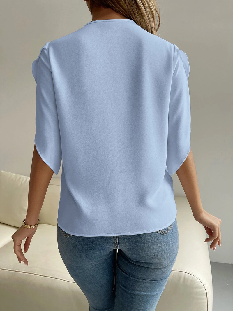 Kvinders forår og sommer ny V-hals blonde ensfarvet top temperament kortærmet chiffon skjorte til kvinder_voghion.com