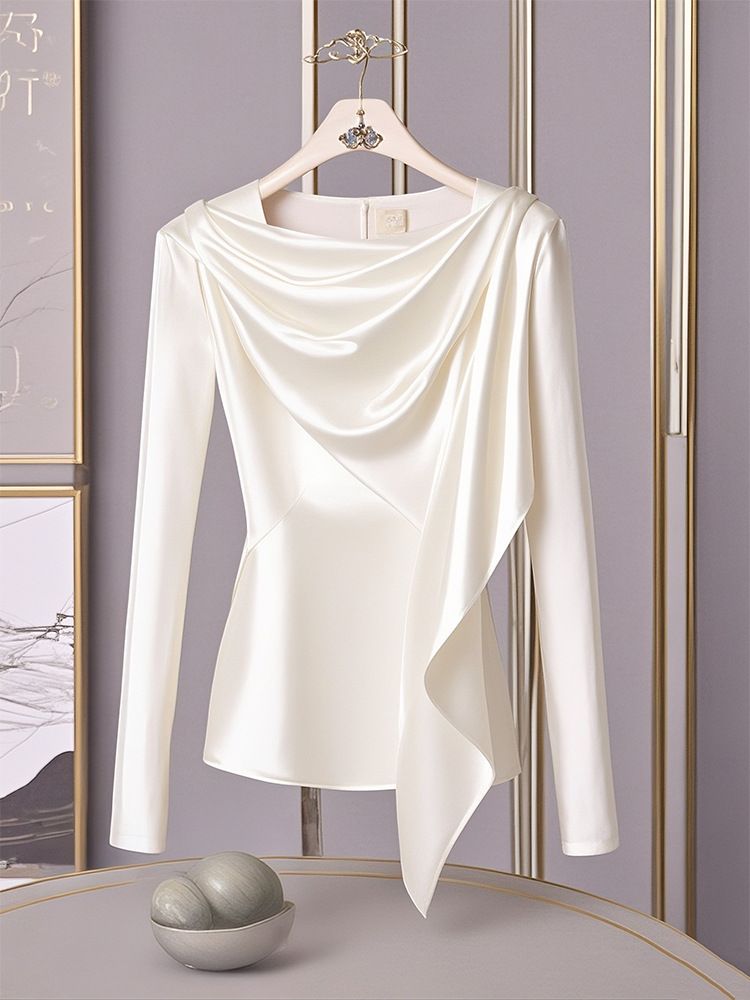 Französisch inspirierte Satinbluse – Elegantes Damenoberteil mit Rüschendetails (Bescheidene Passform, figurformend, Weiß, M-XXXL)_voghion.com