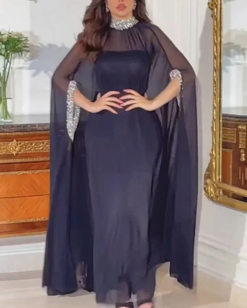 2023 Spring/Summer New Style Sexy Cloak Beaded Chiffon Banquet Evening Dress Two Piece Set_voghion.com
