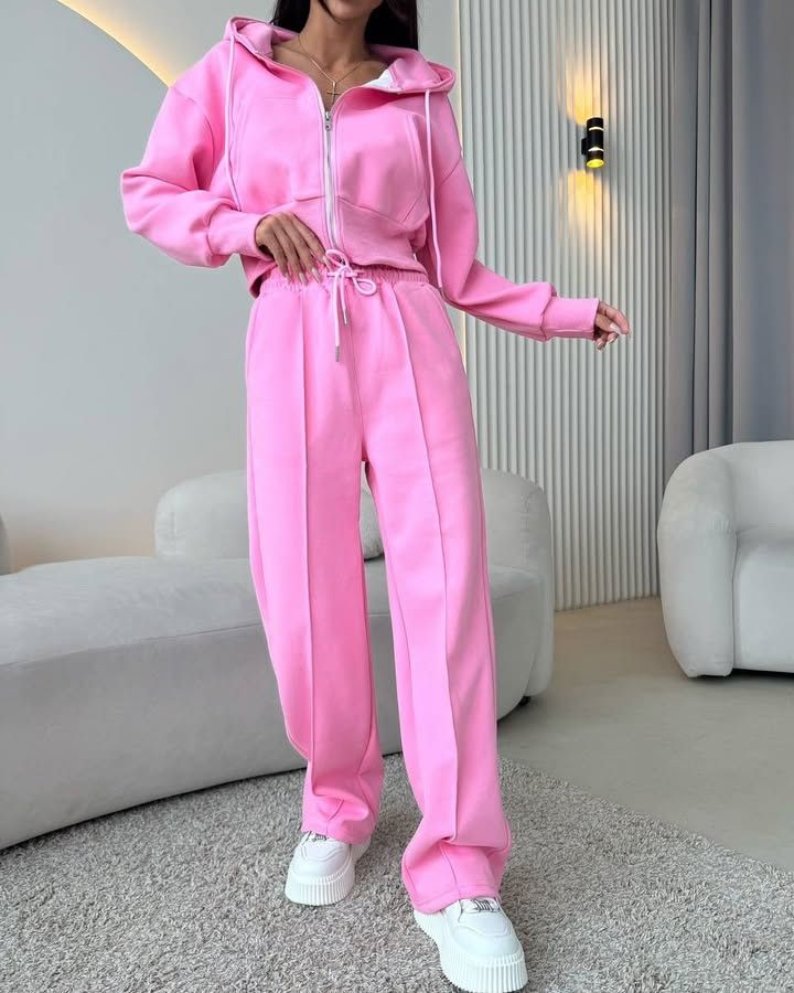 Casual set van dameshoodie met rits en trekkoordbroek – streetwear-tweedelige outfit in groen, roze, grijs, beige en rood_voghion.com