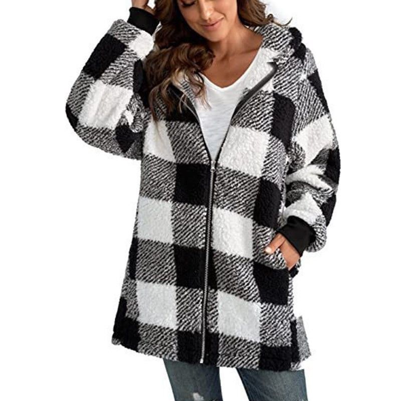 Manteau en peluche européen et américain pour femmes 2024 Nouveau manteau ample à manches longues à capuche avec fermeture éclair et poche_voghion.com