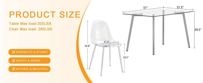 Table And Chair Set.51 * 31.5 Inch Silver Leg Glass Dining Table With 6 Transparent Dining Chairs: A Stylish Combination That Showcases Elegant Style._voghion.com