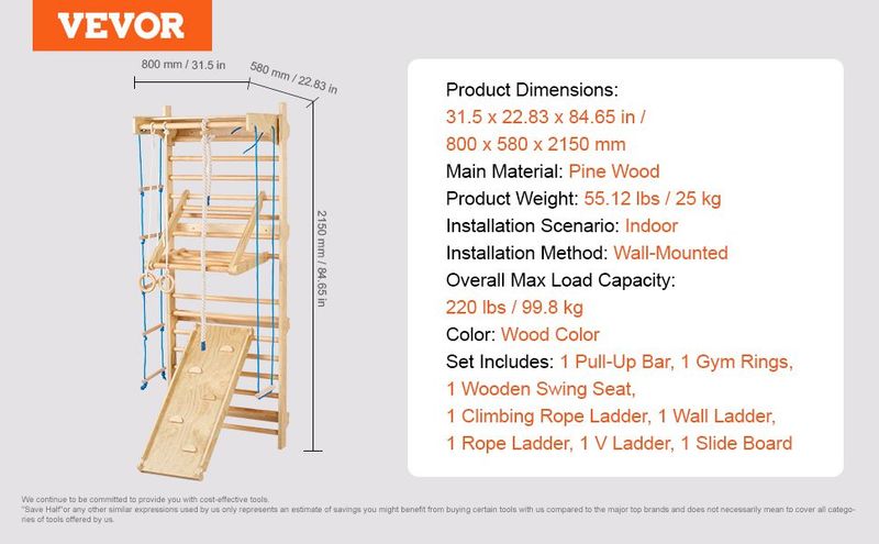 Swedish Ladder Wall Gym 8 In 1 Wooden Indoor Playground Climbing Toys_voghion.com