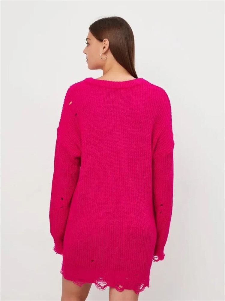 Loose solid color perforated sweater, mid to length, autumn/winter 2024 new item, round neck pullover, long sleeved_voghion.com
