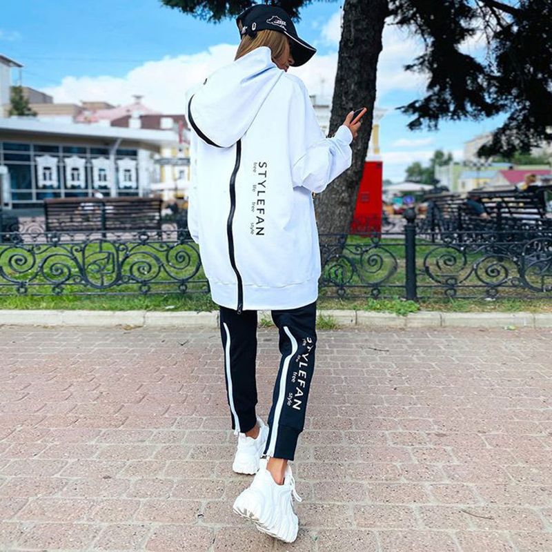 Fashionable Women's Suit Long Zipper Front And Back Letter Print Loose Long Sweatshirt Trousers Suit_voghion.com