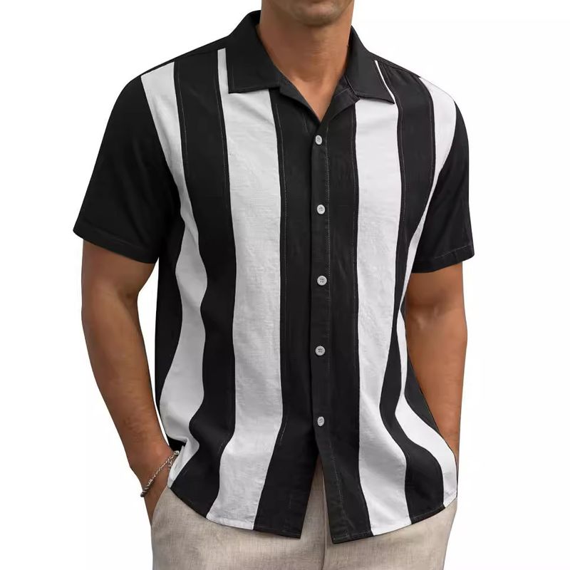 CT 2025 Summer Color Block Striped Patchwork Short Sleeve Men's Loose Casual Cuban Collar Shirt Trend_voghion.com