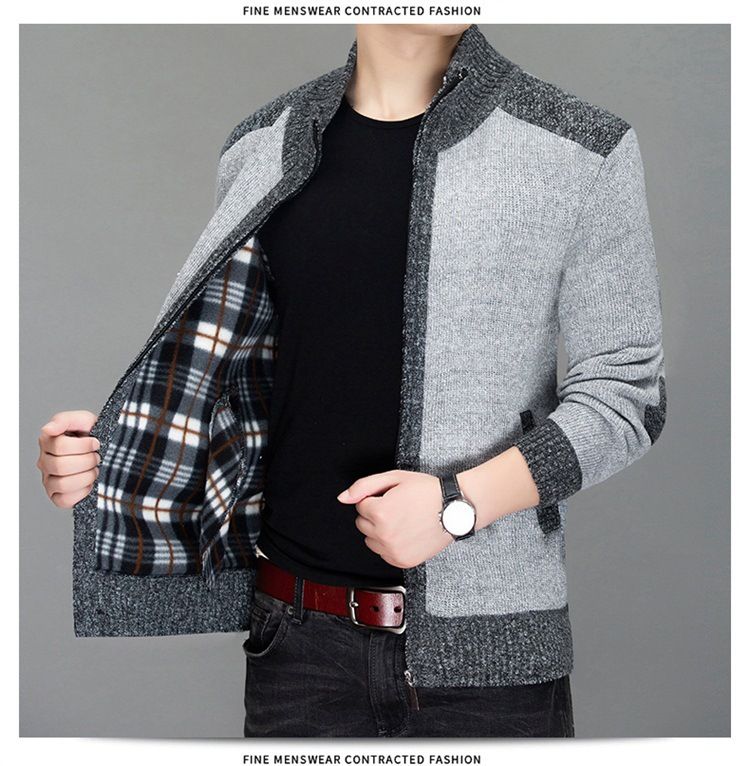 Herren-Pullovermantel mit Fleecefutter und Reißverschluss, warme Winter-Strickjacke, entspannte Passform, maschinenwaschbar, für Freizeit- und Business-Freizeitkleidung (Blau, Grau, Kamel)_voghion.com