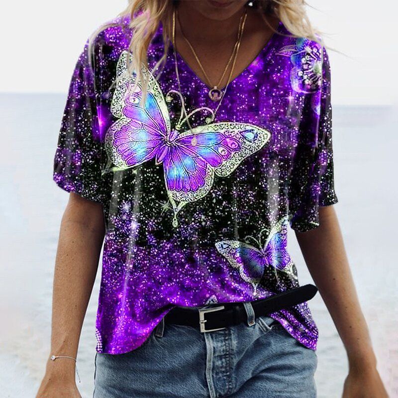 2021 New Spring/Summer Short Sleeve Butterfly Print T-Shirt Women's Fashion_voghion.com