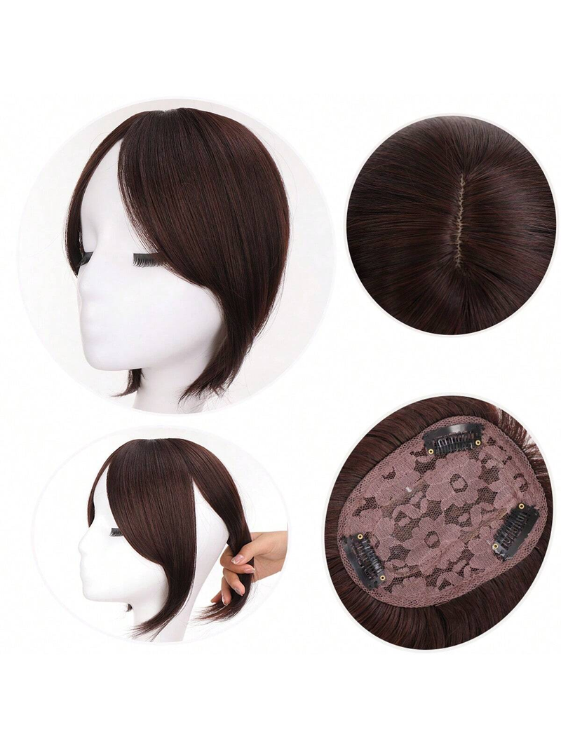 Toppa per parrucca con frangia nera, frangia finta sulla fronte naturale, toppa per capelli con spacco centrale sulla parte superiore_voghion.com