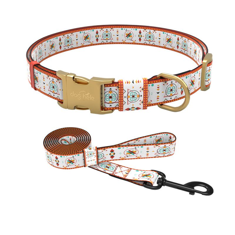 New Pink Pet Macaron Pattern Gold Textured Buckle Dog Collar Leash Set_voghion.com