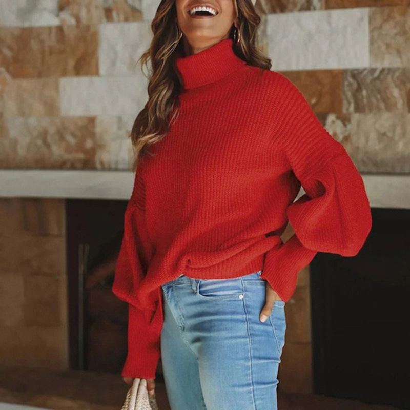 Ropa de mujer Suéter de punto de manga larga con cuello alto y color liso para mujer Ropa de mujer_voghion.com
