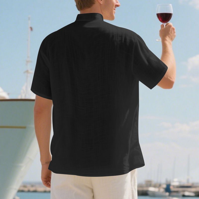 Camicia casual estiva da uomo, ampia, con colletto alto, abbottonata, in lino, a maniche corte, tinta unita, taglie forti_voghion.com