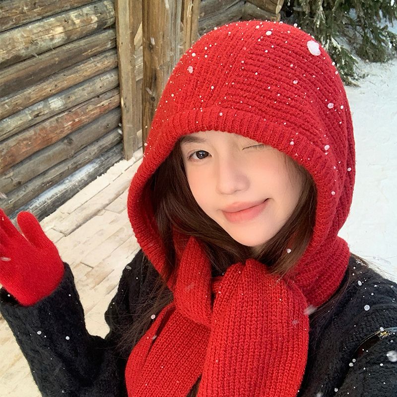 Cagoule rouge pour femme, tricotée chaude pour l'automne avec écharpe, cache-cou à capuche une pièce, bonnet tricoté pour l'hiver_voghion.com