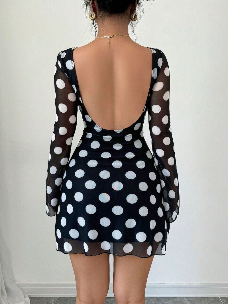 2025 Spring/Summer New Women's Sexy Polka Dot Backless Mesh Flared Sleeve Mini Dress_voghion.com