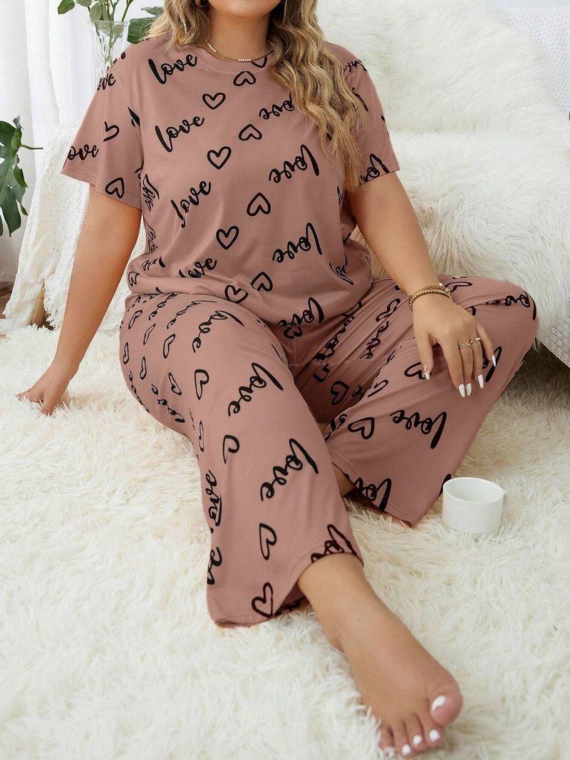 Women's Sleepwears Large Size Home Clothes Plus Size Plus Size Love Round Neck Short Sleeved Trousers_voghion.com