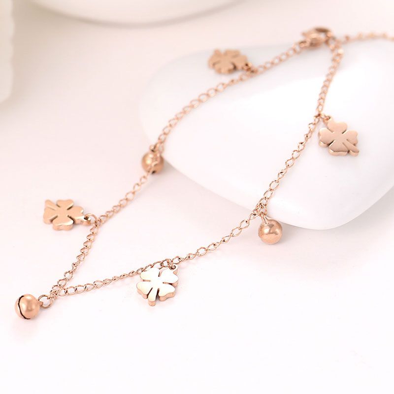 Titanium Steel Bracelet Four-Leaf Clover Bell Anklet For Women, Sound-Activated, Ancient Style, Ins Niche Design,_voghion.com