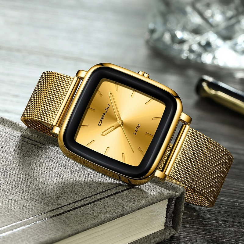 CRRJU Orologi da uomo Top Brand Luxury Square Golden Quartz Casual Slim Mesh Steel Waterproof Watch Relogio Masculino_voghion.com