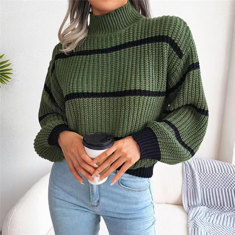 Suéter feminino casual listrado com manga lanterna e meia gola alta_voghion.com