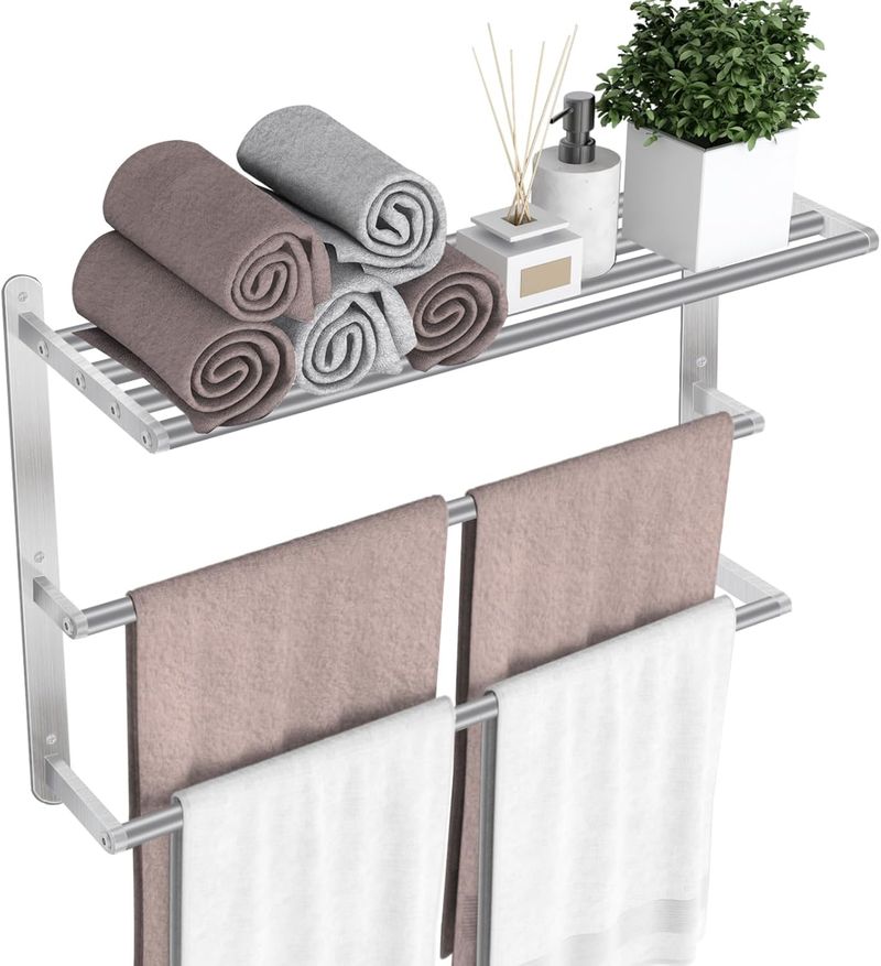 VOTZAAQ Badezimmerregale, 24-Zoll-Regal mit Doppelstange, Edelstahl-Aufbewahrung für die Wandmontage im Badezimmer, 3-stufiger Kleiderbügel_voghion.com