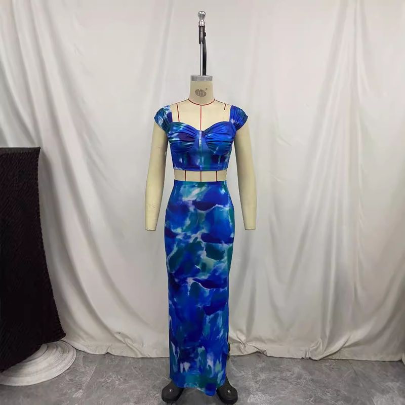 Printed Crop Strap Top Slim Fit Bodycon Long Skirt Two-Piece Set Women's Fashion 2025 Summer New Style_voghion.com