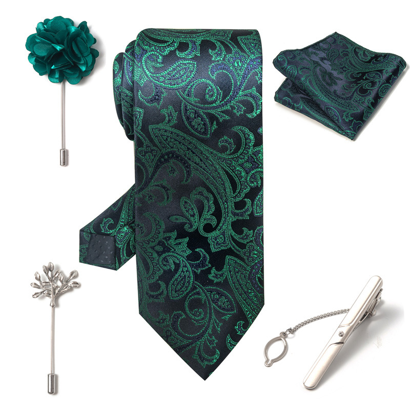 Set da uomo alla moda in tinta unita a righe con anacardi, confezione regalo da 6 pezzi, set con corsetto con fermacravatta e sciarpa quadrata_voghion.com