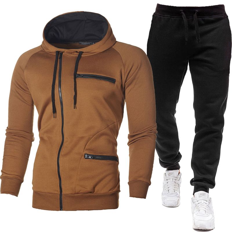 Nuevo conjunto de sudadera con capucha y chaqueta y pantalones deportivos de color sólido con cremallera informal para hombre_voghion.com