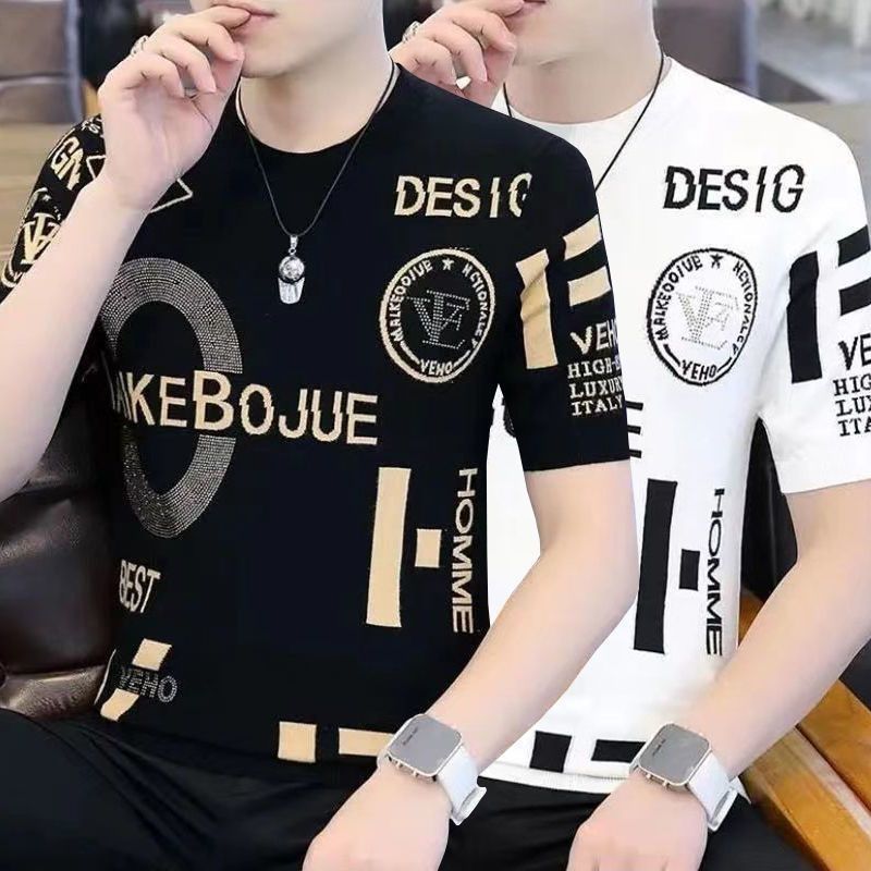 Men's Summer 2023 New Ice Silk Short-sleeved T-shirt Fashionable Brand Fashionable Half-sleeved T-shirt Loose Round Neck Top Clothes for Men_voghion.com