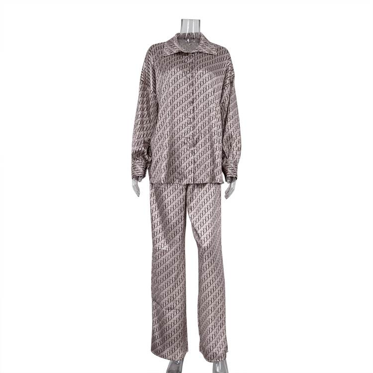 Abbigliamento da donna primaverile di alta qualità, camicia ampia a maniche lunghe e pantaloni, completo in raso stampato a due pezzi_voghion.com