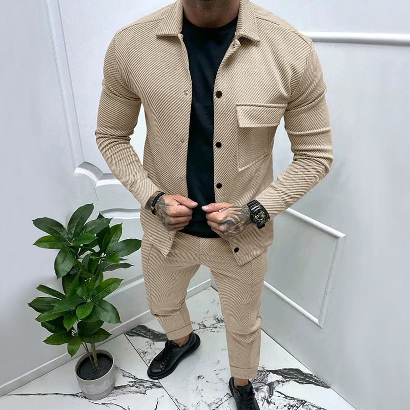 Herrenbekleidung Schwere Twilljacke Freizeithose Herren Neuer einfarbiger Jacquard-Zweiteiler für Herren_voghion.com