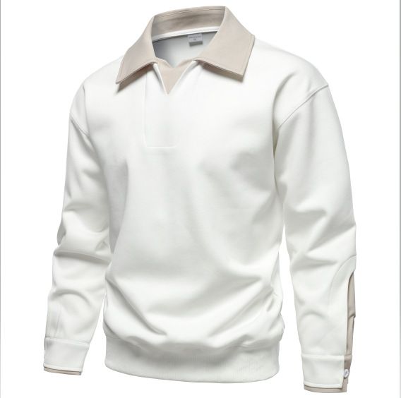 Men's Stylish Autumn Polo Shirt With Layered Collar Design, Long Sleeve Casual Pullover, Trendy Two-Tone Contrast_voghion.com