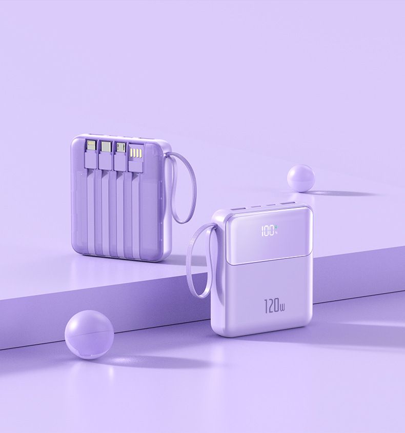 120 W ultraschnelle Lade-Powerbank 20000 mAh, 4-in-1 integrierte Kabel (USB-C/Lightning/Micro-USB/USB-A), tragbares PD3.0-Ladegerät_voghion.com