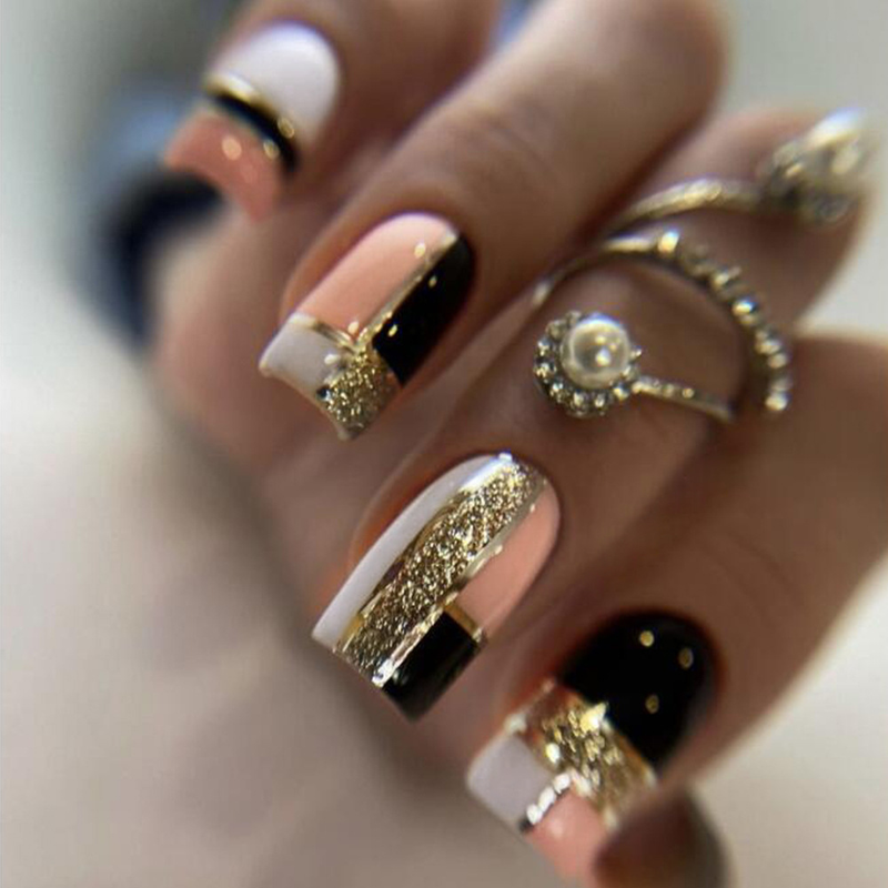French 24Pcs Simple False Nails with Shiny Powder Mid-length Square Fake Nail Full Cover Nail Tip Wearable Bal_voghion.com